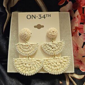 On 34th Off White Bead & Woven Raffia Drop Earrings- NWT